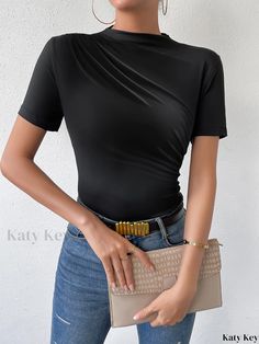 Katykey - Premium Ruched Crew Neck T-Shirt: A Stylish Choice for Spring & Summer, Womens Fashion Neck T Shirt, Collar Styles, Casual Shirts, Casual Shorts, Size Chart, Spring Summer, Crew Neck, Clothes For Women, Fabric