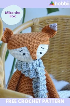 a crocheted fox sitting in a wicker chair with the text miko the fox free crochet pattern