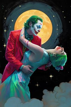 a painting of a couple dressed as the joker and harley hugging in front of a full moon