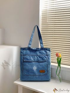 Bird in Bag - Denim Shop Decorative Patch Casual Denim Blue Tote Shoulder Bag, Trendy Denim Blue Denim Bag, Trendy Blue Denim Shoulder Bag, Casual Denim Shoulder Bag For Daily Use, Trendy Denim Bag With Pockets, Denim Blue Large Capacity Cotton Shoulder Bag, Trendy Denim Shoulder Bag With Pockets, Trendy Denim Blue Shoulder Bag, Casual Denim Blue Shoulder Bag For Shopping