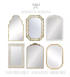 the mirrors are all different sizes and shapes, but one is white with gold trim