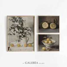 three paintings with lemons and leaves in them