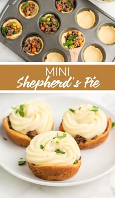 mini shepherd's pies with white frosting in muffin tins on a plate