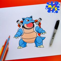 a drawing of a cartoon character on paper next to colored pencils and crayons