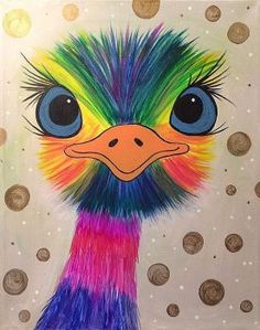 the colorful bird has big eyes and is next to some gold coins with words hi on it