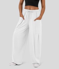 Women’s Mid Rise Elastic Waistband Drawstring Side Pocket Palazzo Flowy Wide Leg Casual Pants - Halara Wide Leg Casual Pants, Womens Straight Leg Pants, Palazzo Style, Cotton Casual Pants, Wide Leg Palazzo Pants, Dance Pants, Casual Wide Leg Pants, Bleach Wash, Linen Style