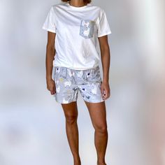 This shorts are perfect pyjamas (pajama) gift for sleeping lovers, couples, lovers, natural fabrics lovers, bride, groom, family, holiday, family holiday, and everyone who loves comforts and natual sleeping.  Cute funny print will make You smile all day long.  Tshirt perfectly matches shorts giving You finished night look! IF COMFORT AND SMILE IS WHAT YOU CARE MOST I HAVE SOMETHING FOR YOU💜❤ Shorts for sleeping in colorful, unusual patterns that will make every morning and night so pleasant. Sh Cute Cotton Sleepwear With Relaxed Fit, Cotton Sleepwear With Pockets For Sleepovers, Comfortable Cotton Pajama Shorts For Pajama Party, Cute Cotton Pajama Shorts With Relaxed Fit, Family Matching Cotton Sleepwear For Sleepovers, Cute Cotton Pajama Shorts For Loungewear, Cute Cotton Pajama Shorts For Sleep, Cute Short Sleepwear For Pajama Party, Family Matching Cotton Sleepwear For Loungewear