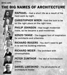 the big names of architecture are shown in black and white, with many different faces