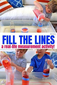 two young boys are playing with water in plastic containers and fill the lines on a table