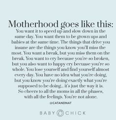 an image of a quote that says motherhood goes like this