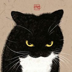 a black and white cat with yellow eyes on a beige background is featured in this illustration