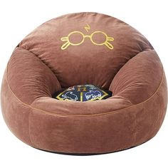 a brown bean bag chair with glasses on it