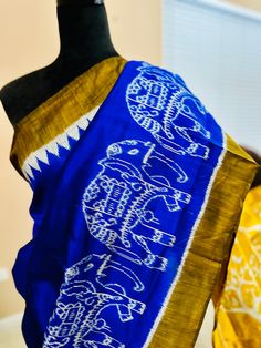 Fine craftsmanship of Odisha silk saree with elephant, buddha and tree of life ikkat work done on high quality mulberry silk saree. One of a kind with blue body and yellow anchal. Piece of art in hand weaved patterns Yellow Silk Saree, Yellow Silk, Designer Saree, Mulberry Silk, Silk Saree, Saree Designs, Blue Yellow, Silk Sarees, Art Pieces