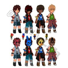 some cartoon characters with different outfits and hair