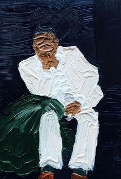 a painting of a man sitting down with his hands on his knees, wearing a white shirt and green skirt