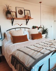 a bed sitting in a bedroom next to a wall with pictures on it and potted plants