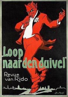 a poster with an image of a man in a red suit