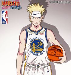 a cartoon character holding a basketball in his right hand and wearing a white jersey with the golden state warriors on it