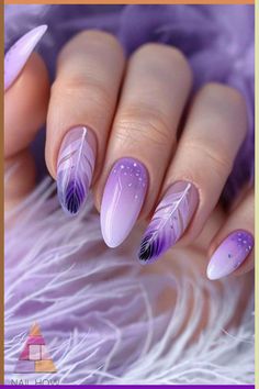 Matte Purple Gel Nails, Nail Ideas One Finger Design, Fun Nail Designs Purple, Almond Shape Nail Art Designs, Almond Style Nail Designs, Nails With Feathers, Nail Purple Design, Almond Nails Designs Purple, Unique Nail Ideas Creative