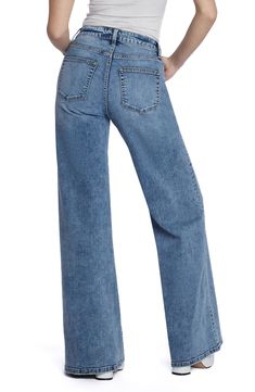 Floor-sweeping wide legs bring a stunningly chic look to these cleanly styled mid-rise jeans made with a hint of shape-retaining stretch. 32" inseam; 25 1/2" leg opening; 9 1/2" front rise Zip fly with button closure Five-pocket style 66% cotton, 22% REPREVE® recycled polyester, 8% polyester, 3% rayon, 1% spandex REPREVE recycled polyester is made from 100% post-consumer recycled plastic bottles Machine wash, tumble dry Imported Medium Wash Wide Leg Pants, Classic Blue Wide Leg Flare Jeans, Classic Mid-rise Wide Leg Pants, Classic Wide Leg Flare Jeans In Denim Blue, Classic Wide Leg Denim Blue Flare Jeans, Classic Medium Wash Wide Leg Flare Jeans, Classic Mid-rise Wide Leg Denim Pants, Non-stretch Mid-rise Washed Blue Bottoms, Blue Mid-rise Cropped Cotton Jeans