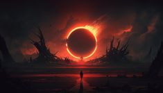 a man standing in front of a red sun with an eclipse behind him and dark clouds