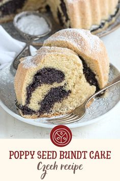 a close up of a piece of cake on a plate with the words poppy seed bundt cake