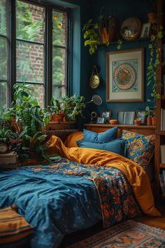 a bedroom with blue walls and plants in the window sill, bedding is made up