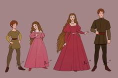 some people are dressed up as princesses and prince in period costumes, one is wearing a long red dress while the other wears a brown coat