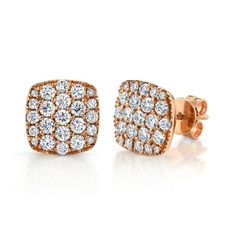 14KT Gold 1.10 CTW Round Brilliant Diamond Pave Cushion Stud Earrings. 0.40"L X 0.40"W. Earrings Square, Buying Diamonds, Rose Gold Metal, Square Earrings, Fine Jewellery Earrings, Rose Earrings, Rose Gold Diamonds, Brilliant Diamond, 14kt Gold