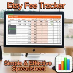 a computer monitor sitting on top of a desk next to a keyboard and mouse with the words easy fee tracker