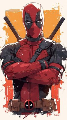 the deadpool is standing with his arms crossed and two swords in his hands, as if