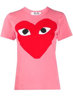 Pink and red cotton heart print round neck T-shirt from Comme Des Garçons Play featuring a heart print, a straight hem, a round neck and short sleeves. | Comme des Garçons PLAY heart print round neck T-shirt Pink Comme Des Garcons, Comme Des Garcons Heart, Play Heart, Play Comme Des Garcons, Comme Des Garcons Play, Heart Shirt, Comme Des Garcons, Heart Print, Printed Cotton