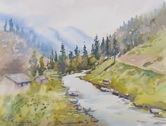 a watercolor painting of a mountain stream