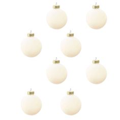 six white christmas balls with gold trims are arranged in the shape of an ornament