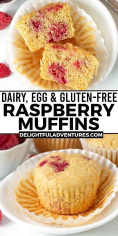 raspberry muffins on white plates with text overlay reading dairy, egg & gluten - free raspberry muffins