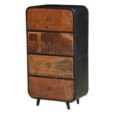 an old wooden chest with three drawers and black metal handles on the bottom, against a white background