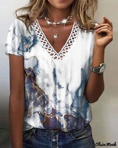 Color: white, Size: M Shirts Women Fashion, Marble Print, Tonga, Loose Shorts, Mongolia, V Neck Blouse, Sierra Leone, Botswana, Lace Sleeves