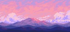 the mountains are covered in pink and purple clouds, as well as some blue trees