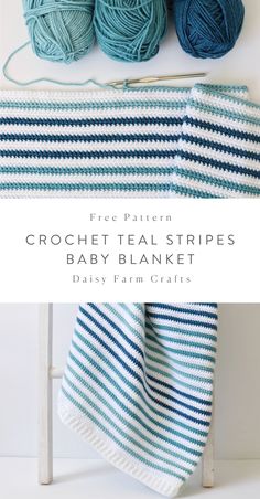 the crochet teal stripes baby blanket is next to two balls of yarn