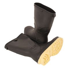 a pair of black rubber boots with yellow soles