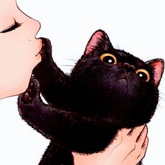 a drawing of a woman kissing a black cat