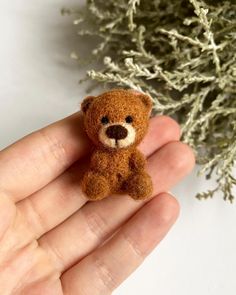 a small brown teddy bear sitting on top of a person's hand next to a plant