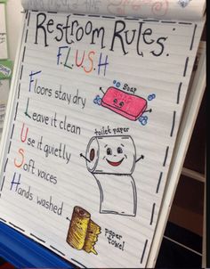 a classroom rules sign on the back of a blue trash can