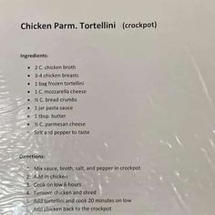 the menu for chicken parm tortelli crockpot