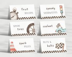 four cards with pictures of different types of vehicles and words that spell out their names