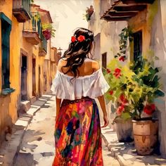 a painting of a woman walking down an alleyway with potted plants on either side