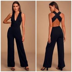 Lulu’s Thinking Out Loud Black Backless Jumpsuit Size Xs New With Tags! Your Admirers Will Have A Lot To Say About Their Love For You In The Lulus Thinking Out Loud Black Backless Jumpsuit! Medium-Weight Knit Is Formed To A Sleeveless Bodice, With V-Neck, Darting, And Wide Straps That Cross Over The Open Back. Bit Of Elastic At The Waist Tops The Wide-Leg Pants. Bodice Is Lined. Shell: 95% Polyester, 5% Spandex. Lining: 100% Polyester. Fit: This Garment Fits True To Size. Length: Floor Length. S Black Halter Neck Bottoms For Night Out, Black Backless Bodysuit For Date Night, Fitted Jumpsuit With Back Opening For Date Night, Black Halter Neck Jumpsuit For Going Out, Black Halter Neck Jumpsuit For Night Out, Backless Jumpsuits For Going Out, White Long Sleeve Jumpsuit, Black Backless Jumpsuits, Lulu Pants