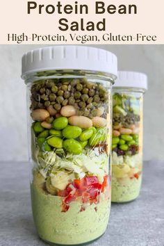 two mason jars filled with protein bean salad and the words high protein, vegan, gluen free