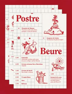 three red and white posters with words on them, including the names of different types of food