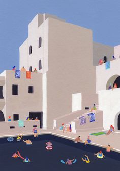 a painting of people swimming in a pool next to a white building with blue shutters